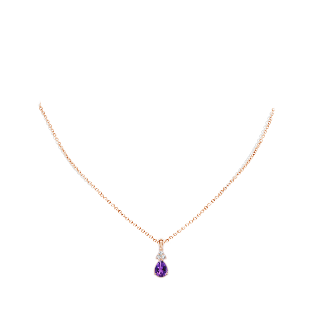 8x6mm AAAA Claw-Set Amethyst Drop Pendant with Trio Diamonds in Rose Gold Body-Neck