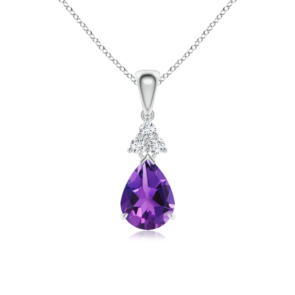 8x6mm AAAA Claw-Set Amethyst Drop Pendant with Trio Diamonds in White Gold 