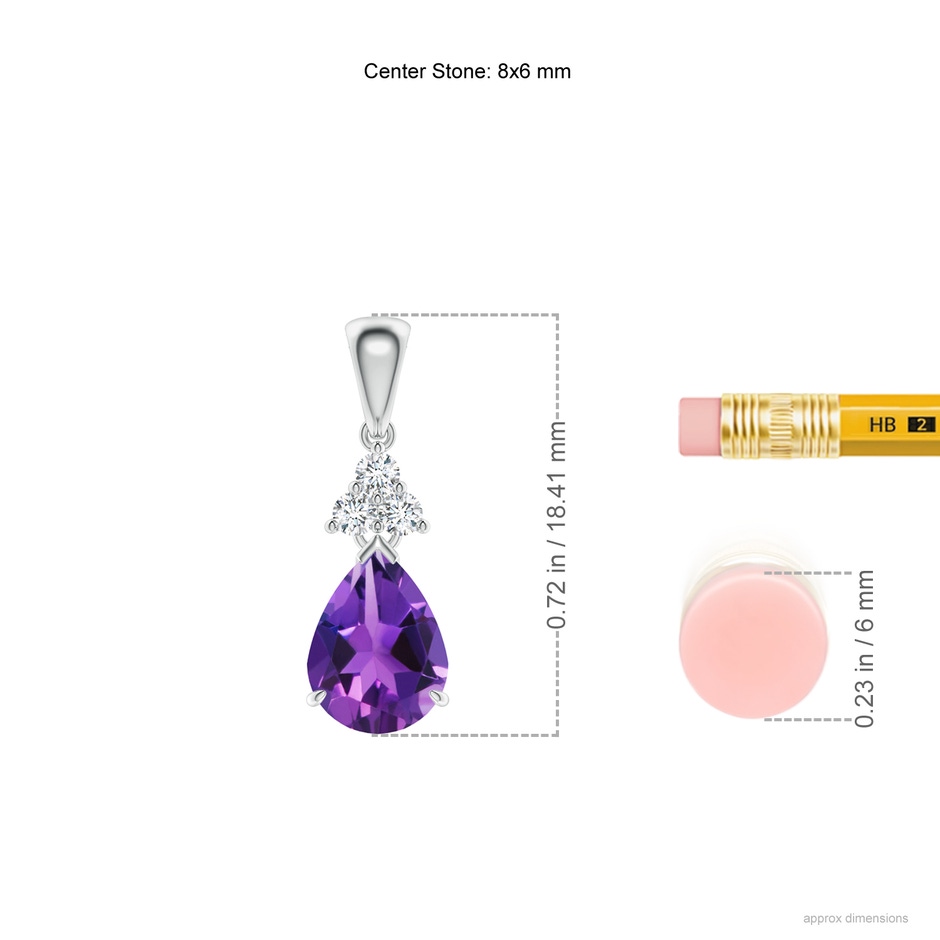 8x6mm AAAA Claw-Set Amethyst Drop Pendant with Trio Diamonds in White Gold ruler