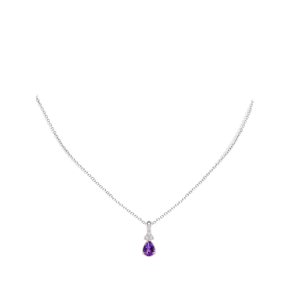8x6mm AAAA Claw-Set Amethyst Drop Pendant with Trio Diamonds in White Gold body-neck