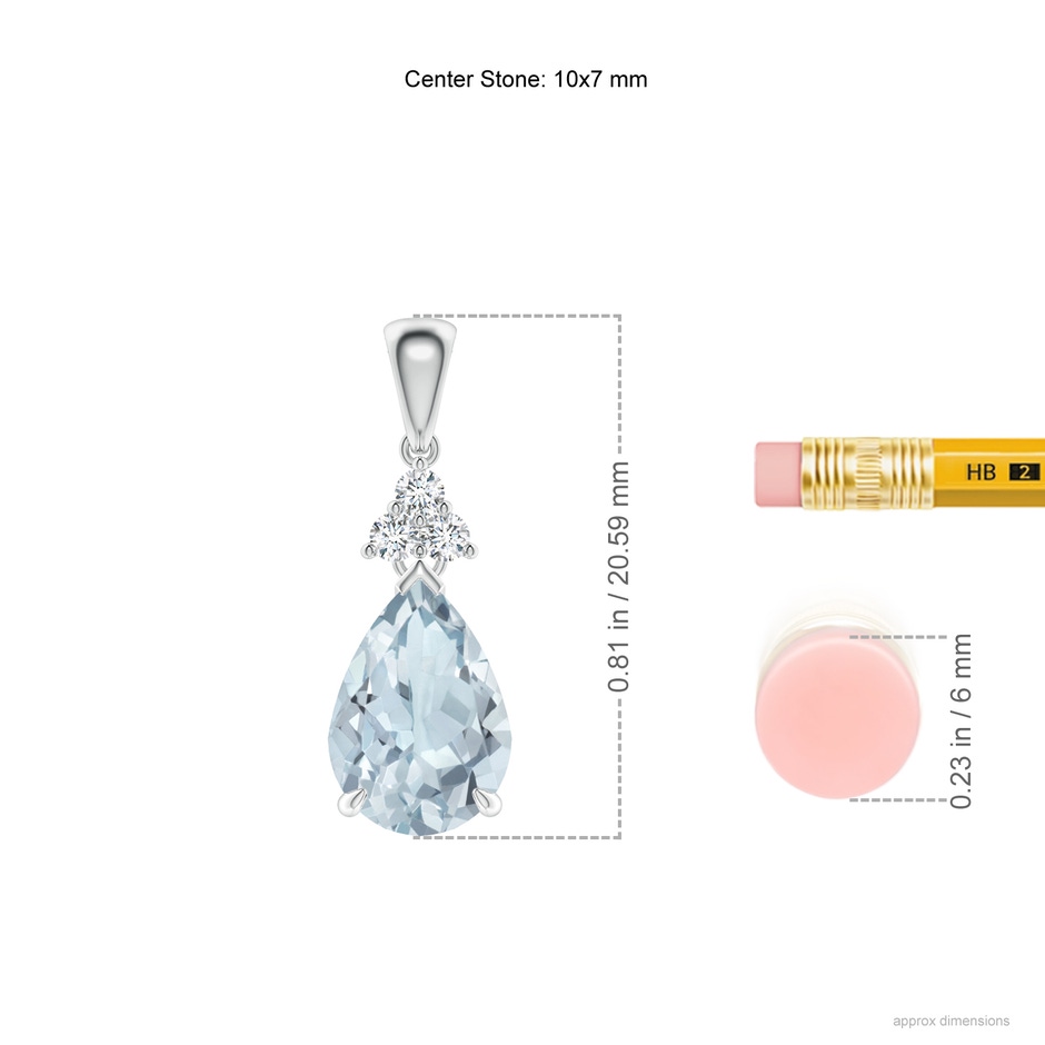 10x7mm A Claw-Set Aquamarine Drop Pendant with Trio Diamonds in White Gold ruler
