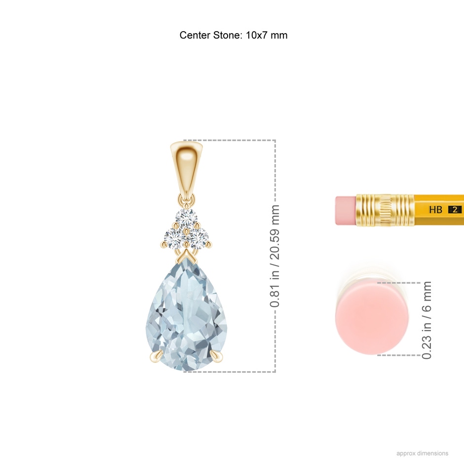 10x7mm A Claw-Set Aquamarine Drop Pendant with Trio Diamonds in Yellow Gold ruler