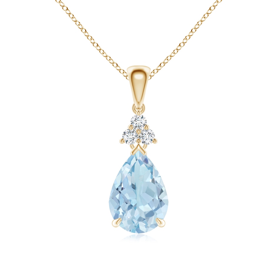 10x7mm AA Claw-Set Aquamarine Drop Pendant with Trio Diamonds in Yellow Gold 