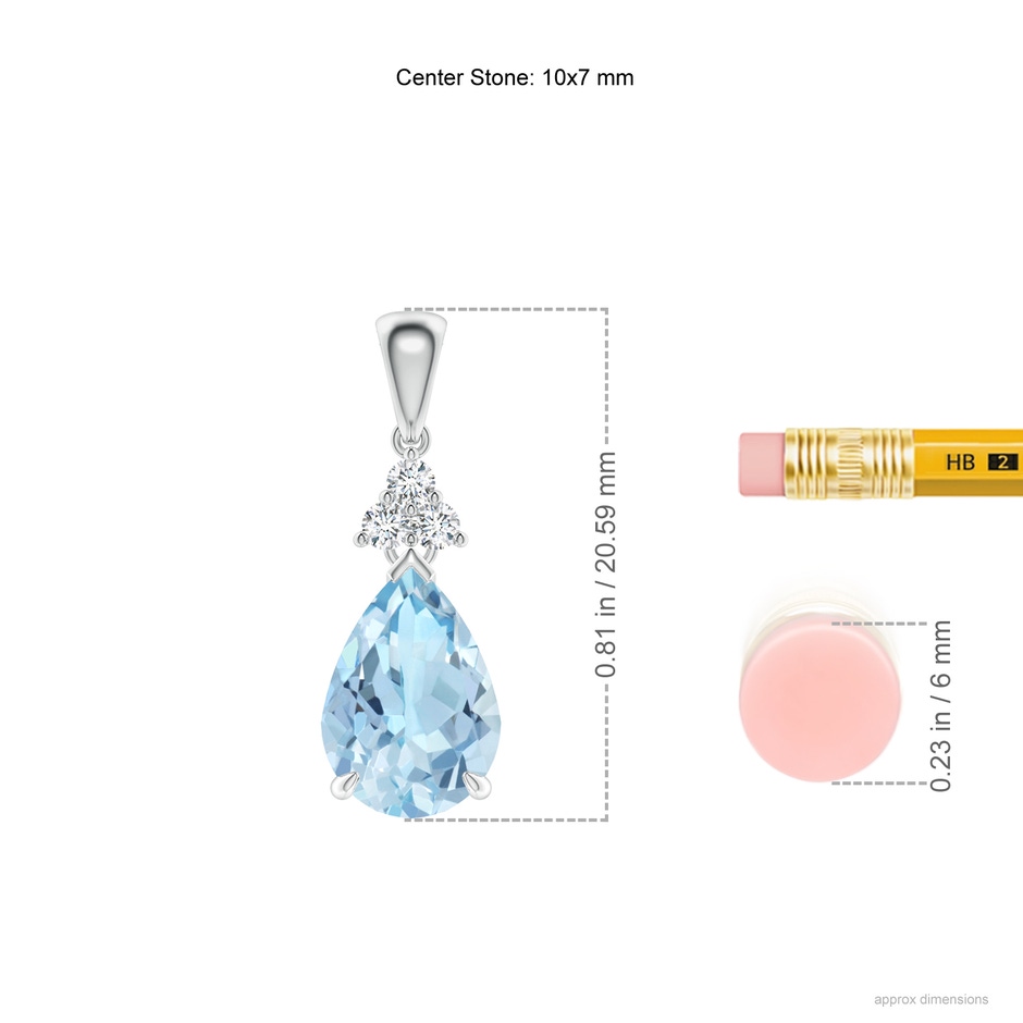 10x7mm AAA Claw-Set Aquamarine Drop Pendant with Trio Diamonds in P950 Platinum ruler