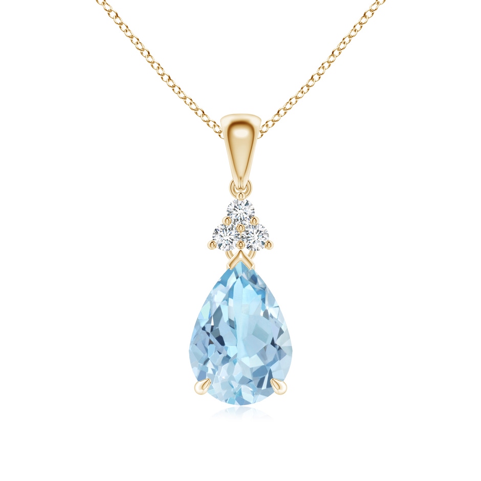10x7mm AAA Claw-Set Aquamarine Drop Pendant with Trio Diamonds in Yellow Gold 