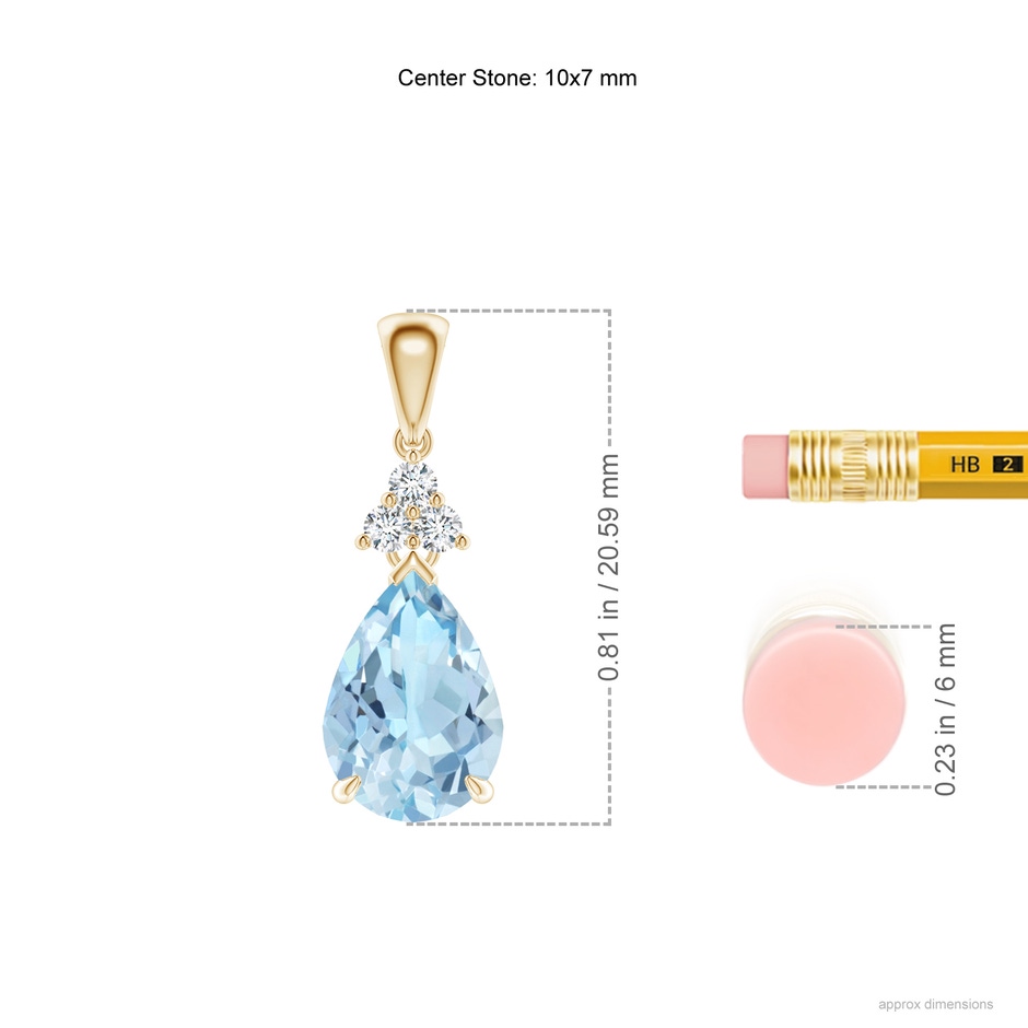 10x7mm AAA Claw-Set Aquamarine Drop Pendant with Trio Diamonds in Yellow Gold ruler