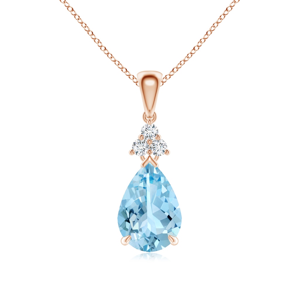 10x7mm AAAA Claw-Set Aquamarine Drop Pendant with Trio Diamonds in Rose Gold