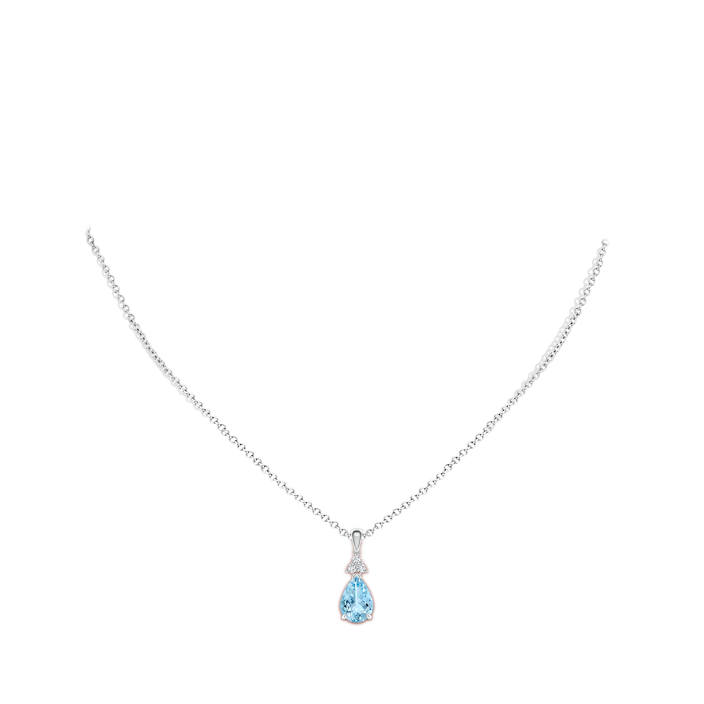 10x7mm AAAA Claw-Set Aquamarine Drop Pendant with Trio Diamonds in White Gold Body-Neck