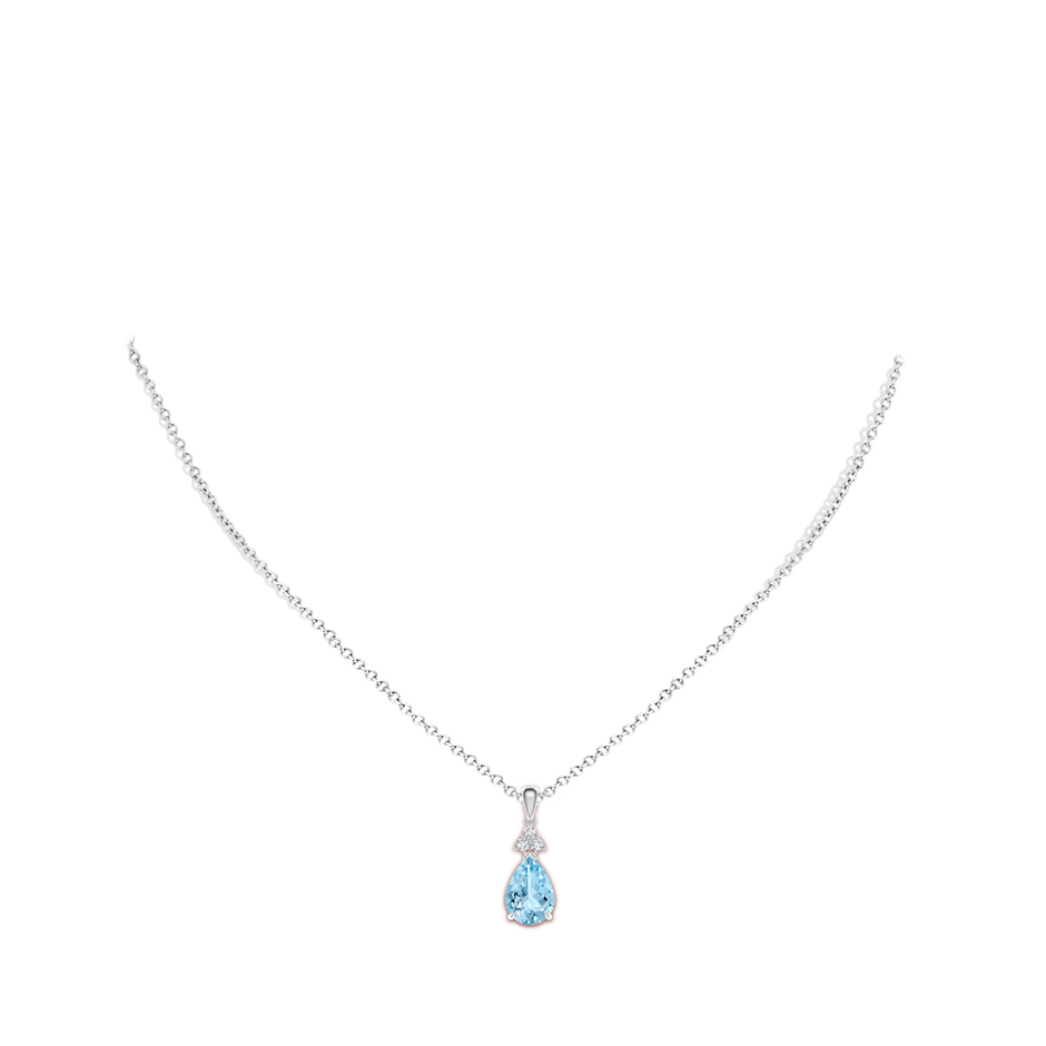 10x7mm AAAA Claw-Set Aquamarine Drop Pendant with Trio Diamonds in White Gold body-neck