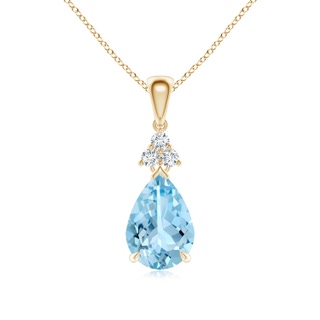 10x7mm AAAA Claw-Set Aquamarine Drop Pendant with Trio Diamonds in Yellow Gold