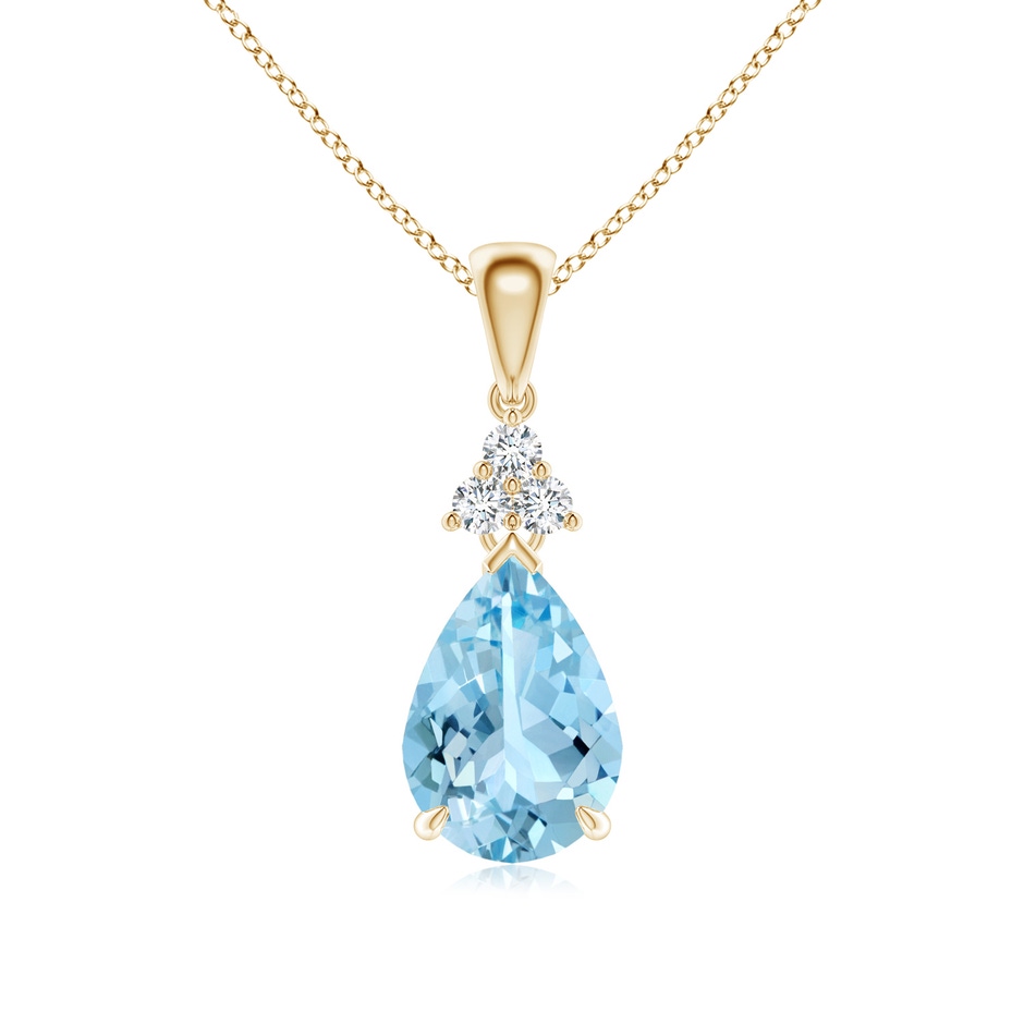 10x7mm AAAA Claw-Set Aquamarine Drop Pendant with Trio Diamonds in Yellow Gold 