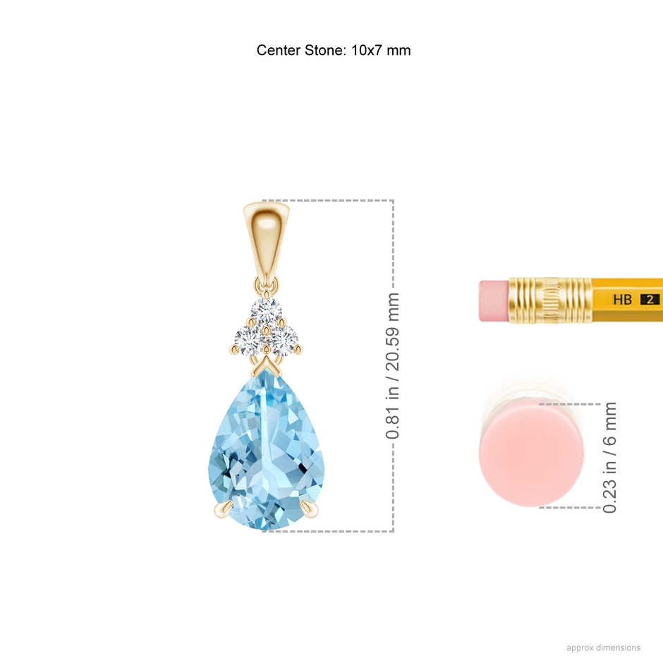 10x7mm AAAA Claw-Set Aquamarine Drop Pendant with Trio Diamonds in Yellow Gold ruler