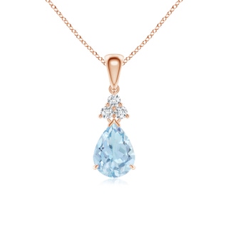 8x6mm AA Claw-Set Aquamarine Drop Pendant with Trio Diamonds in Rose Gold