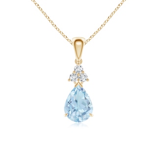 8x6mm AA Claw-Set Aquamarine Drop Pendant with Trio Diamonds in Yellow Gold