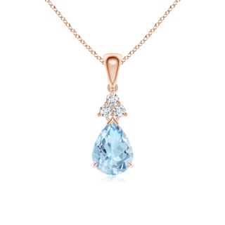 8x6mm AAA Claw-Set Aquamarine Drop Pendant with Trio Diamonds in Rose Gold