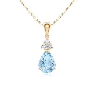 8x6mm AAA Claw-Set Aquamarine Drop Pendant with Trio Diamonds in Yellow Gold