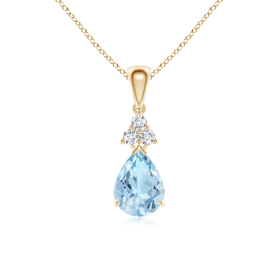 8x6mm AAA Claw-Set Aquamarine Drop Pendant with Trio Diamonds in Yellow Gold 