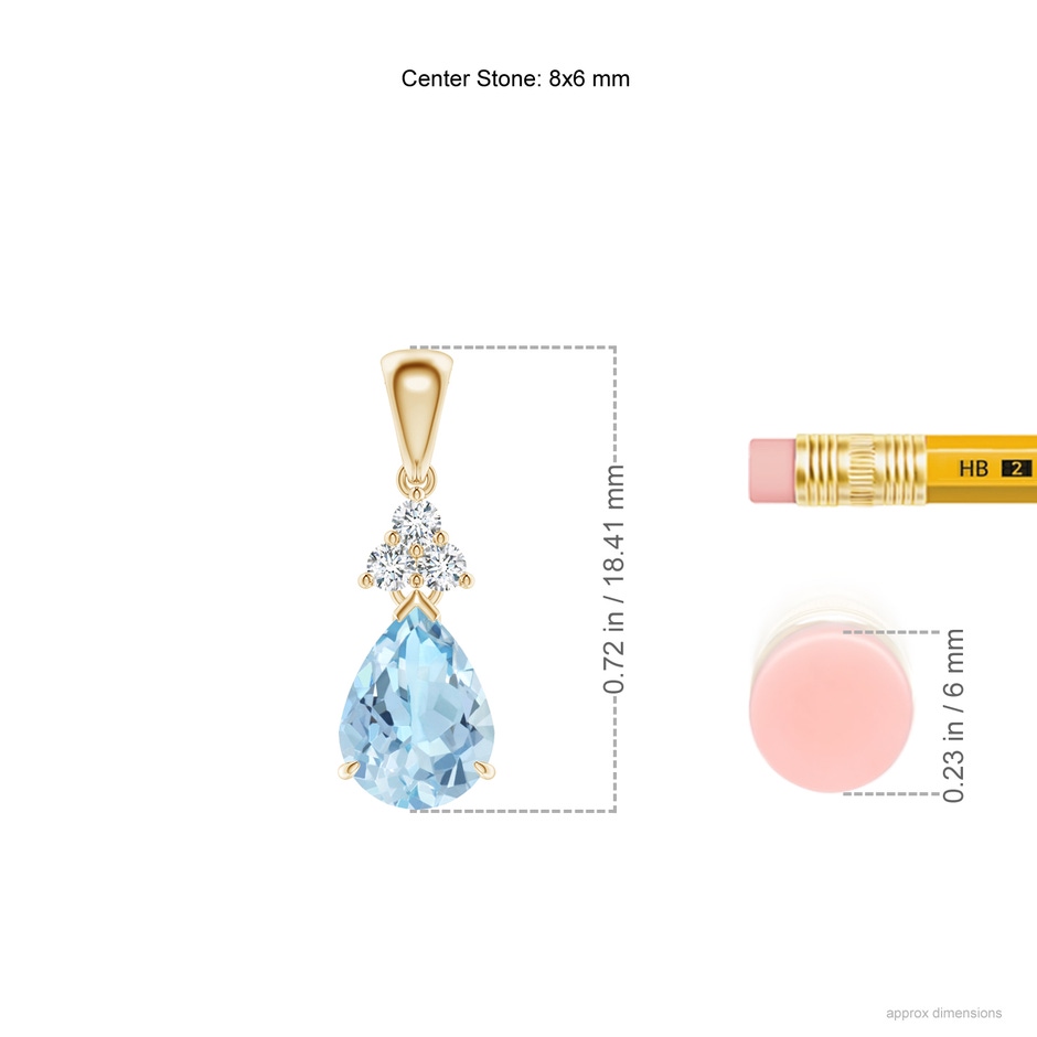 8x6mm AAA Claw-Set Aquamarine Drop Pendant with Trio Diamonds in Yellow Gold ruler
