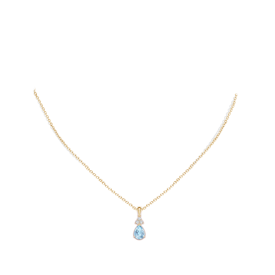 8x6mm AAA Claw-Set Aquamarine Drop Pendant with Trio Diamonds in Yellow Gold body-neck