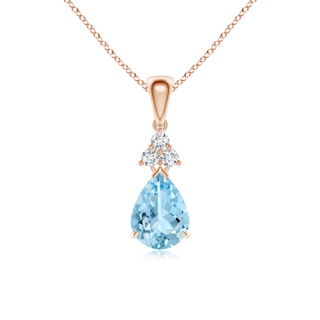 8x6mm AAAA Claw-Set Aquamarine Drop Pendant with Trio Diamonds in 9K Rose Gold