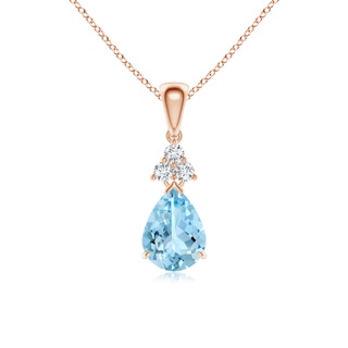 8x6mm AAAA Claw-Set Aquamarine Drop Pendant with Trio Diamonds in Rose Gold