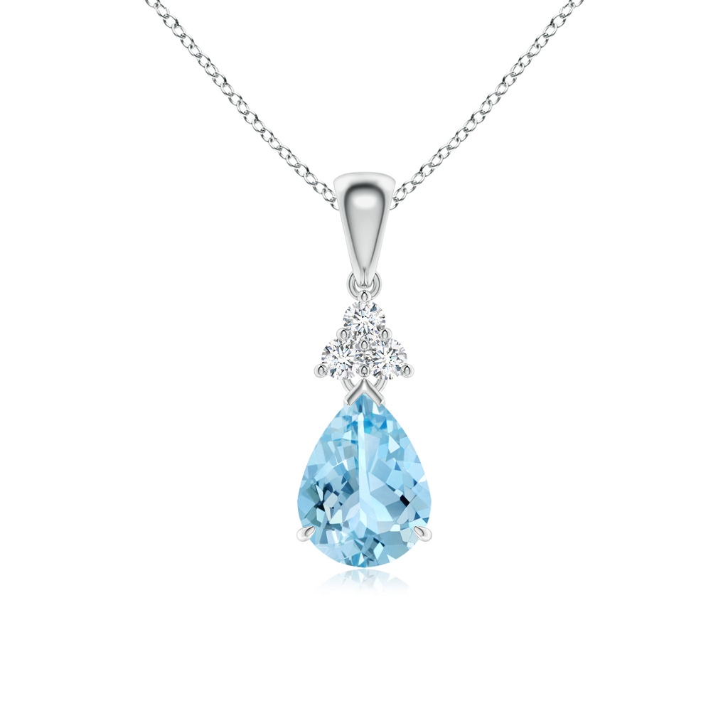 8x6mm AAAA Claw-Set Aquamarine Drop Pendant with Trio Diamonds in White Gold