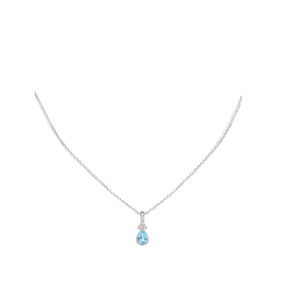 8x6mm AAAA Claw-Set Aquamarine Drop Pendant with Trio Diamonds in White Gold body-neck