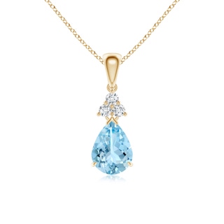 8x6mm AAAA Claw-Set Aquamarine Drop Pendant with Trio Diamonds in Yellow Gold