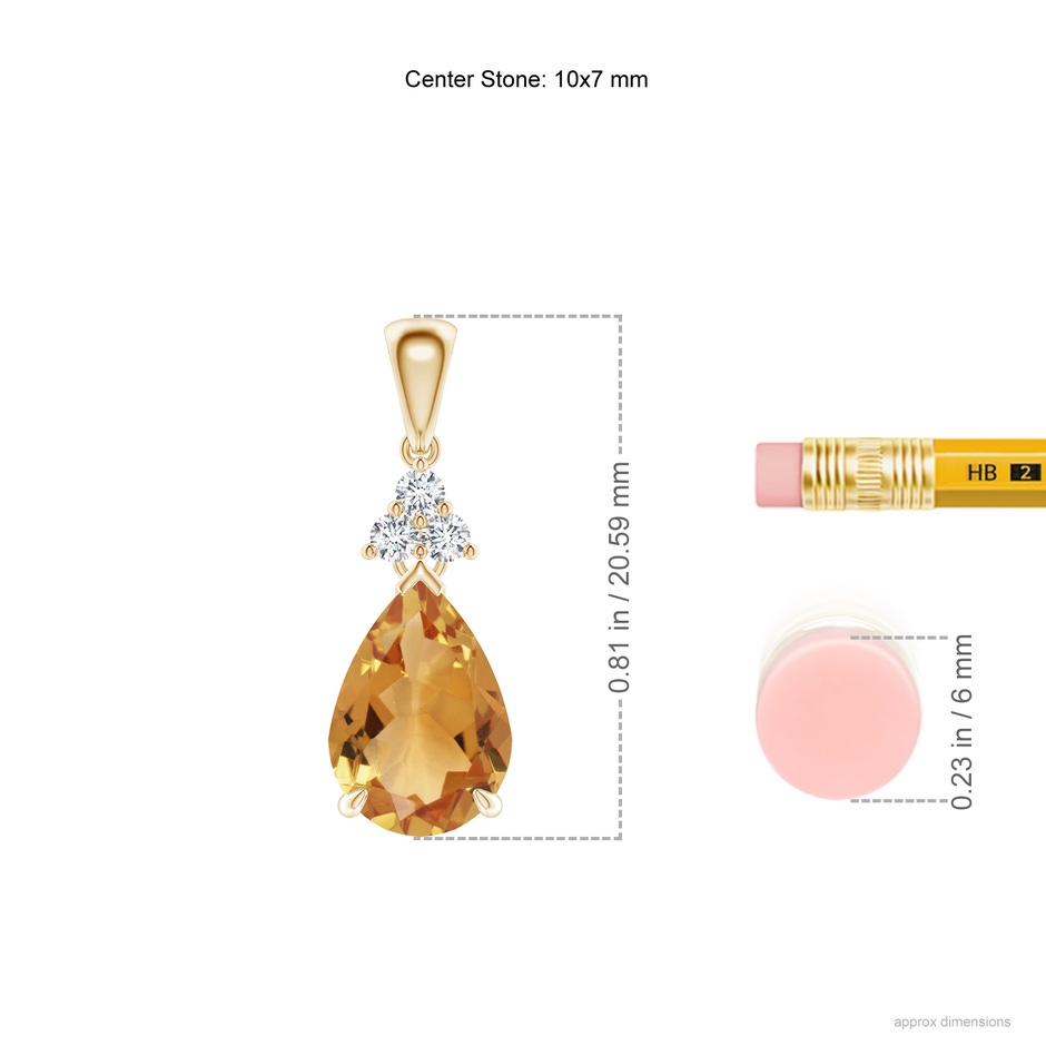 10x7mm A Claw-Set Citrine Drop Pendant with Trio Diamonds in Yellow Gold ruler