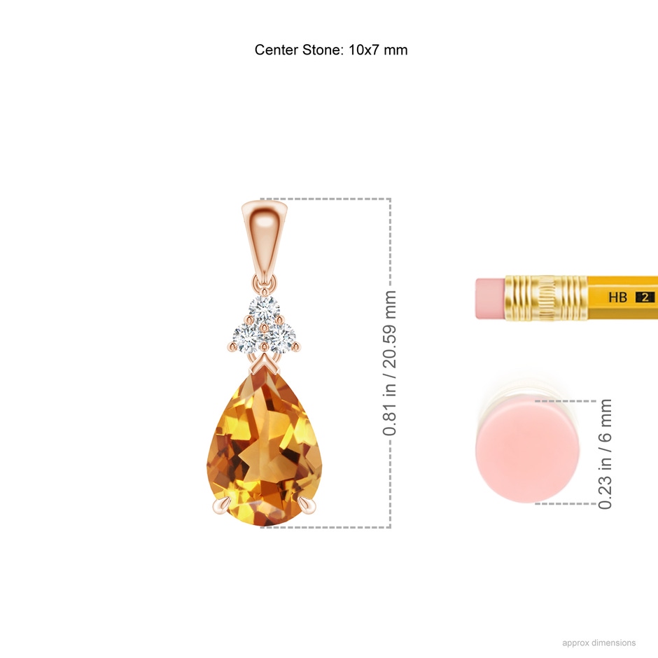 10x7mm AA Claw-Set Citrine Drop Pendant with Trio Diamonds in Rose Gold ruler