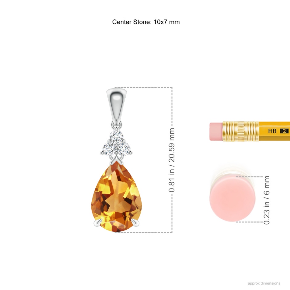 10x7mm AA Claw-Set Citrine Drop Pendant with Trio Diamonds in White Gold ruler