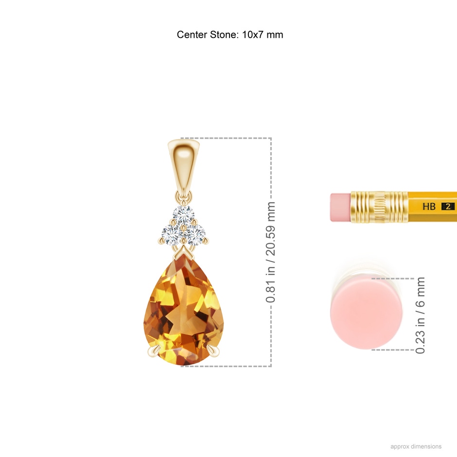 10x7mm AA Claw-Set Citrine Drop Pendant with Trio Diamonds in Yellow Gold ruler