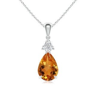 10x7mm AAA Claw-Set Citrine Drop Pendant with Trio Diamonds in 9K White Gold