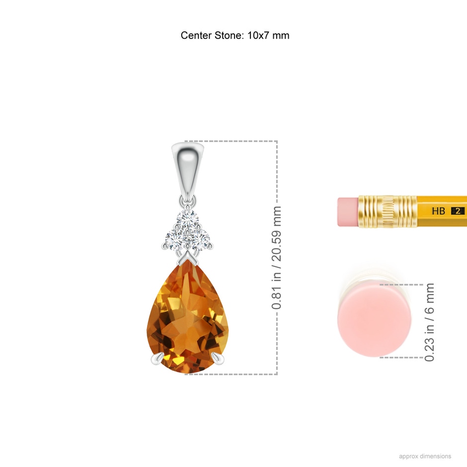 10x7mm AAA Claw-Set Citrine Drop Pendant with Trio Diamonds in White Gold ruler