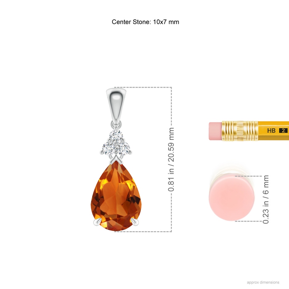 10x7mm AAAA Claw-Set Citrine Drop Pendant with Trio Diamonds in P950 Platinum ruler