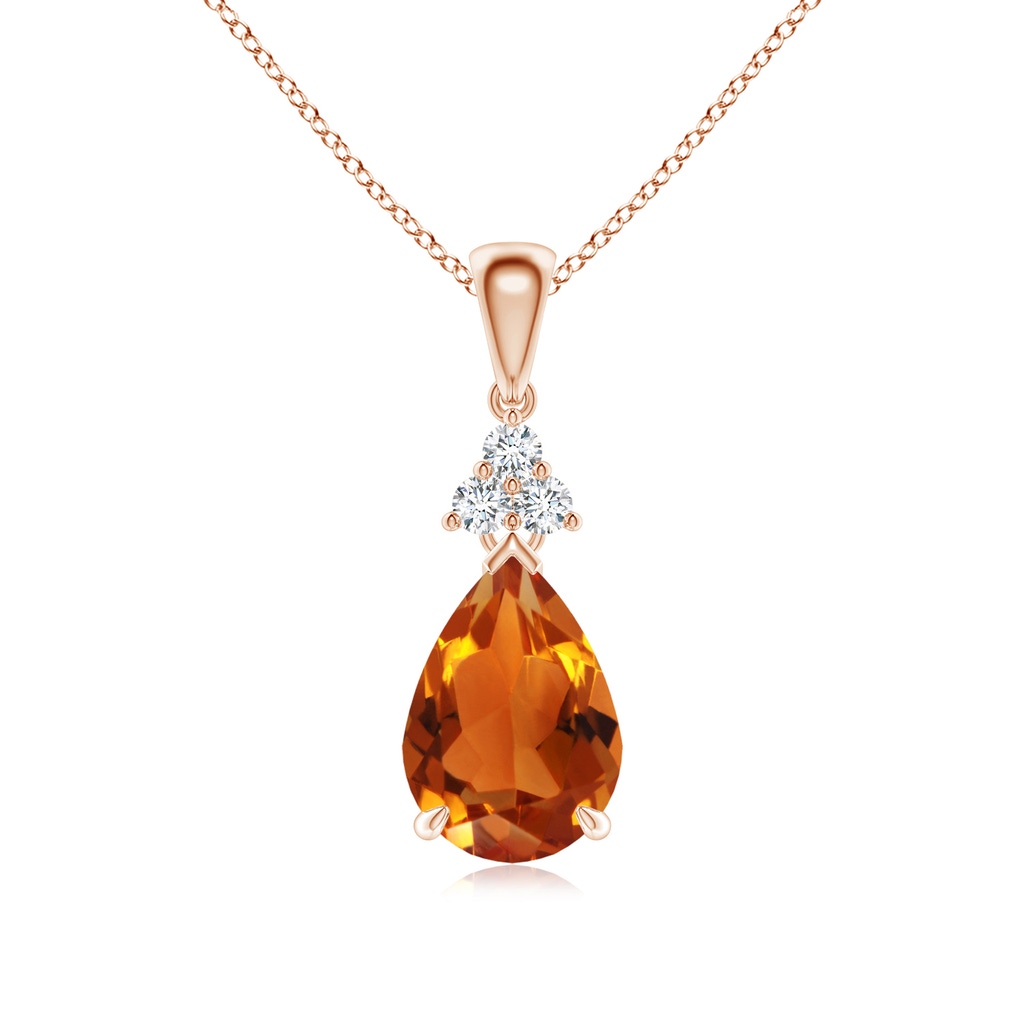 10x7mm AAAA Claw-Set Citrine Drop Pendant with Trio Diamonds in Rose Gold