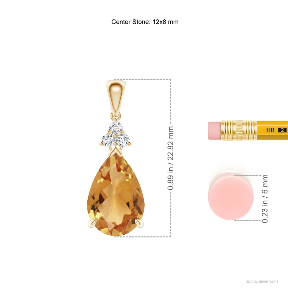 12x8mm A Claw-Set Citrine Drop Pendant with Trio Diamonds in Yellow Gold ruler