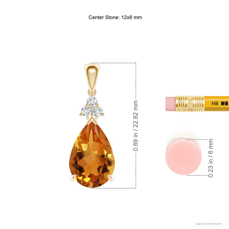 12x8mm AAA Claw-Set Citrine Drop Pendant with Trio Diamonds in Yellow Gold ruler