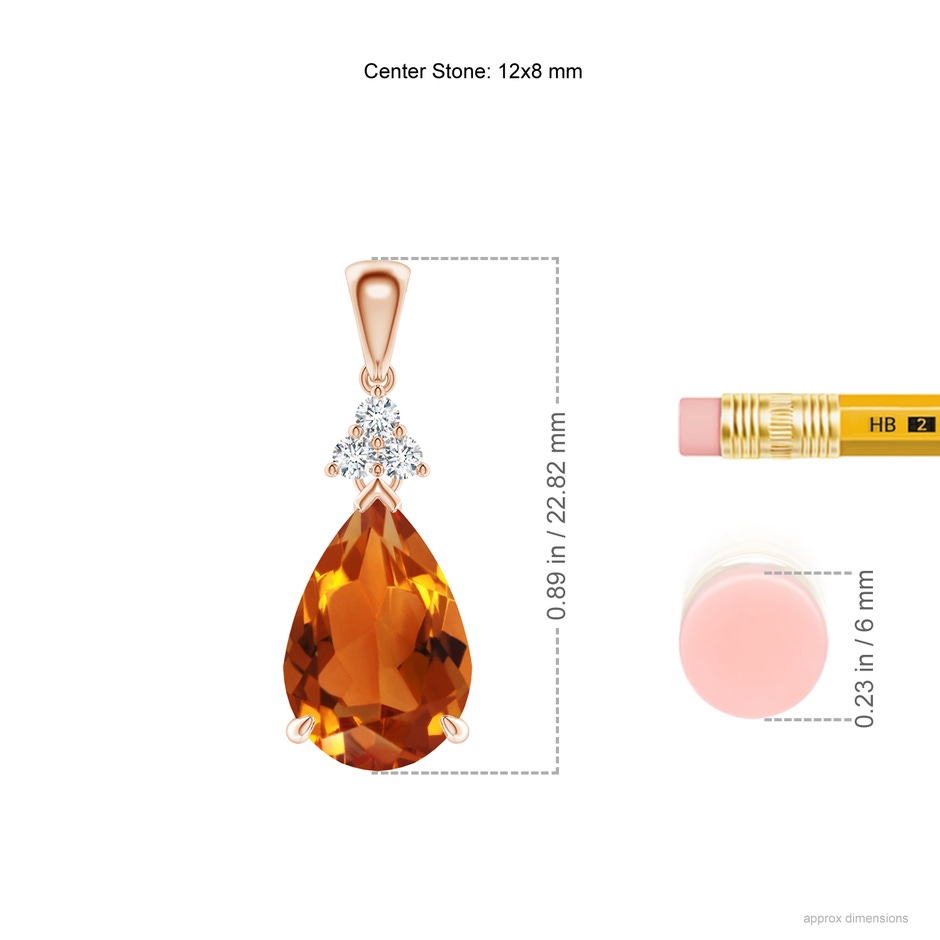 12x8mm AAAA Claw-Set Citrine Drop Pendant with Trio Diamonds in Rose Gold ruler