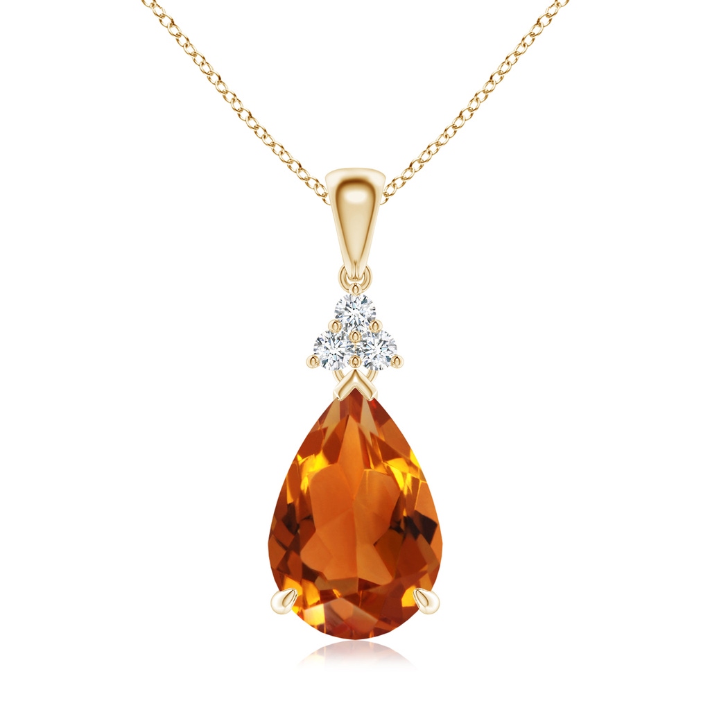 12x8mm AAAA Claw-Set Citrine Drop Pendant with Trio Diamonds in Yellow Gold