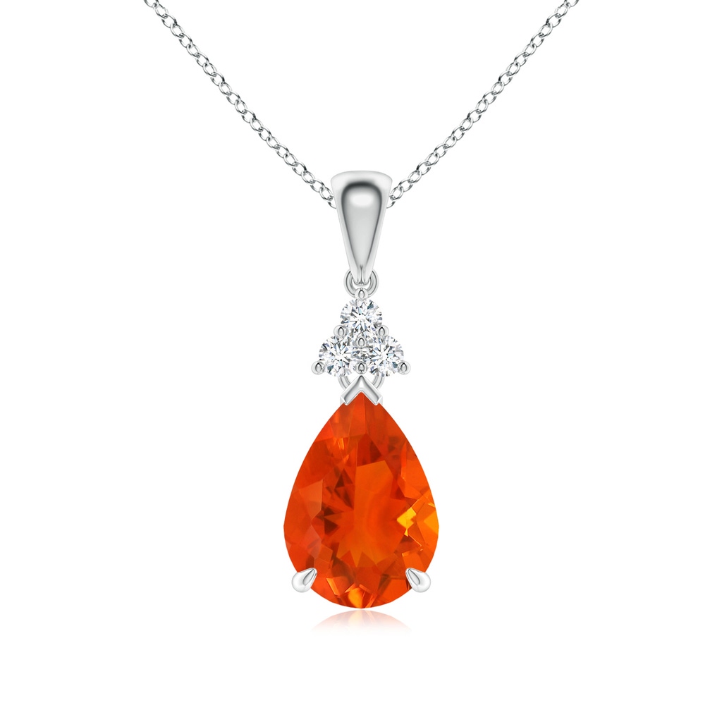 10x7mm AAA Claw-Set Fire Opal Drop Pendant with Trio Diamonds in White Gold