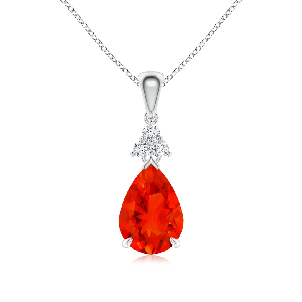 10x7mm AAAA Claw-Set Fire Opal Drop Pendant with Trio Diamonds in P950 Platinum