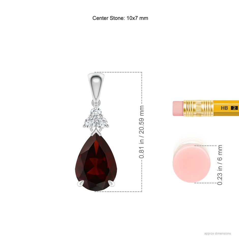 10x7mm A Claw-Set Garnet Drop Pendant with Trio Diamonds in White Gold ruler