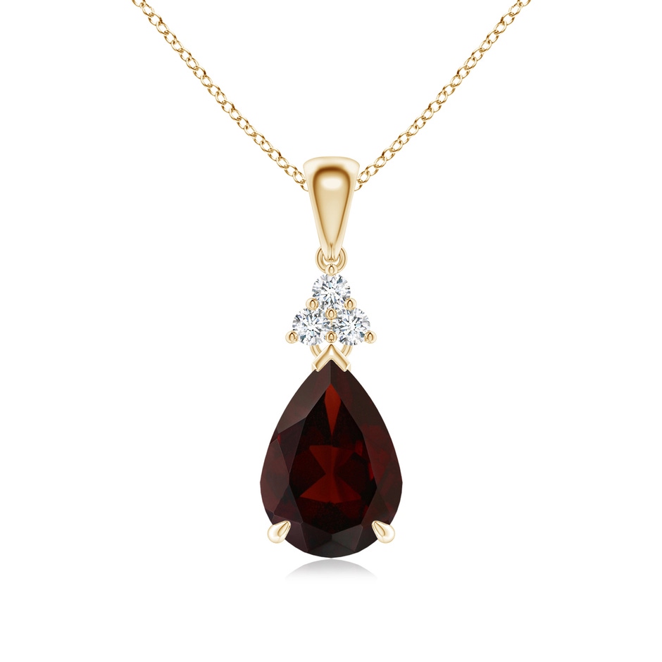 10x7mm A Claw-Set Garnet Drop Pendant with Trio Diamonds in Yellow Gold 