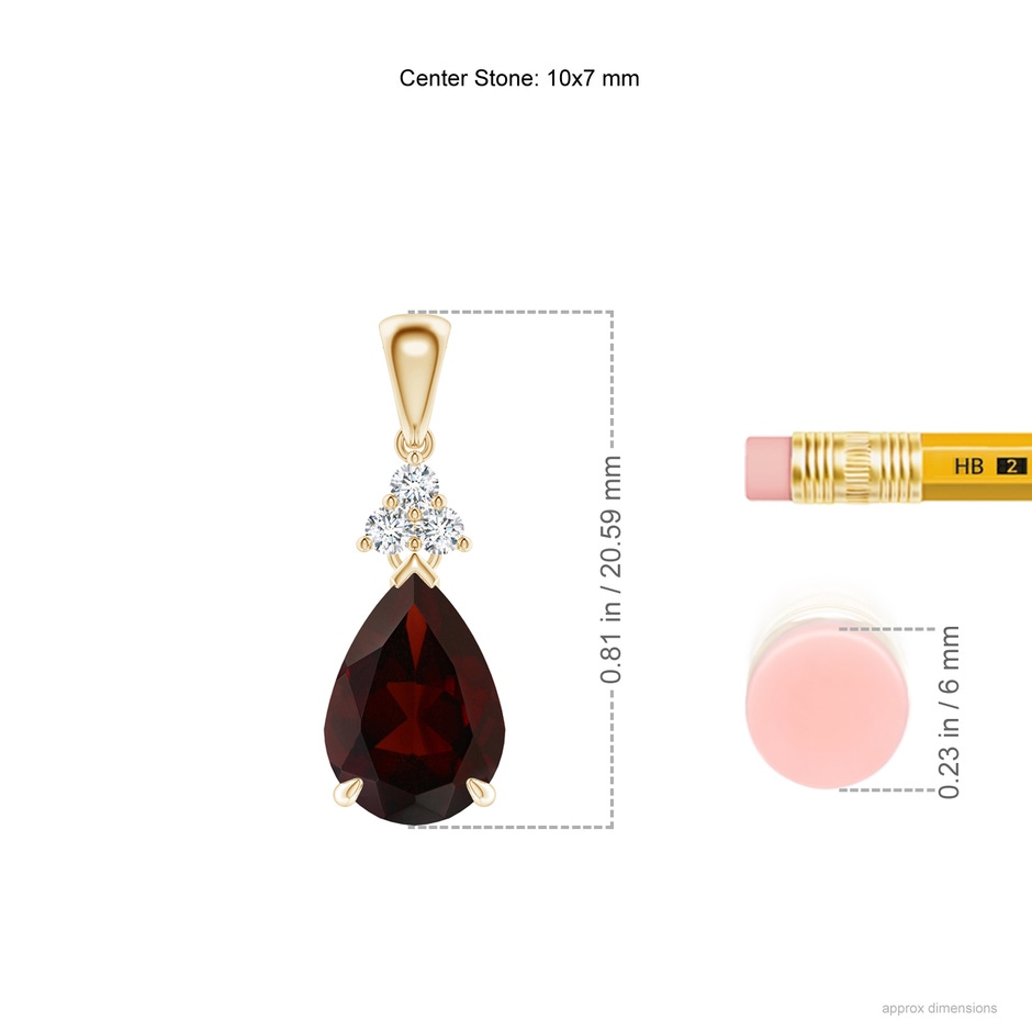 10x7mm A Claw-Set Garnet Drop Pendant with Trio Diamonds in Yellow Gold ruler