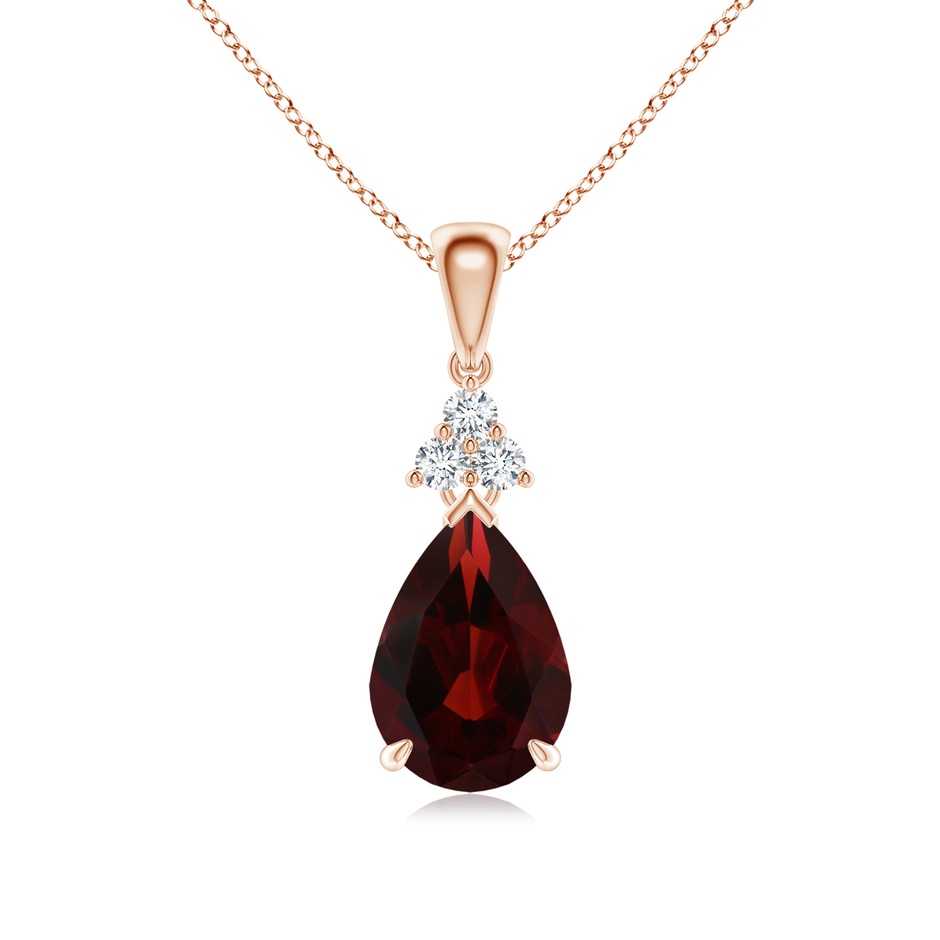 10x7mm AA Claw-Set Garnet Drop Pendant with Trio Diamonds in 18K Rose Gold 