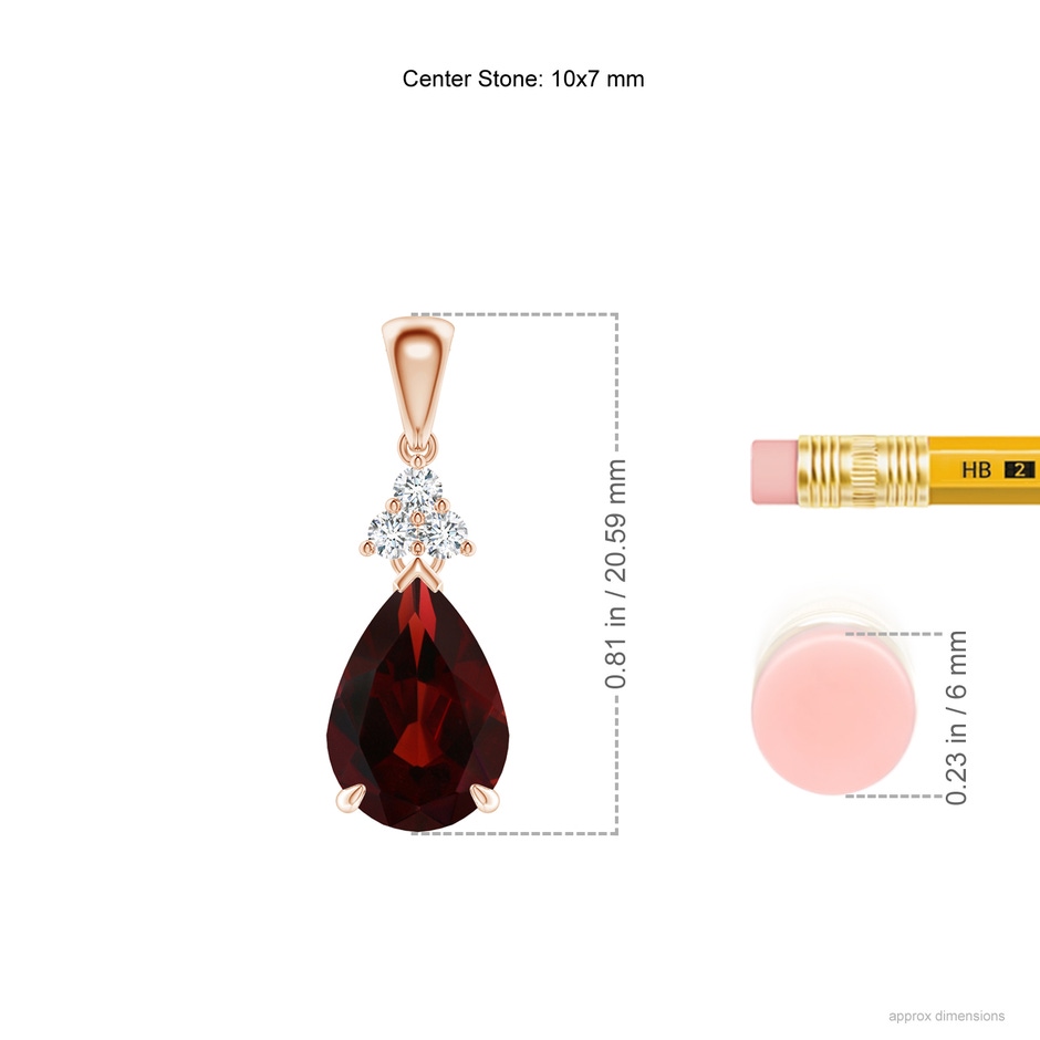 10x7mm AA Claw-Set Garnet Drop Pendant with Trio Diamonds in 18K Rose Gold ruler