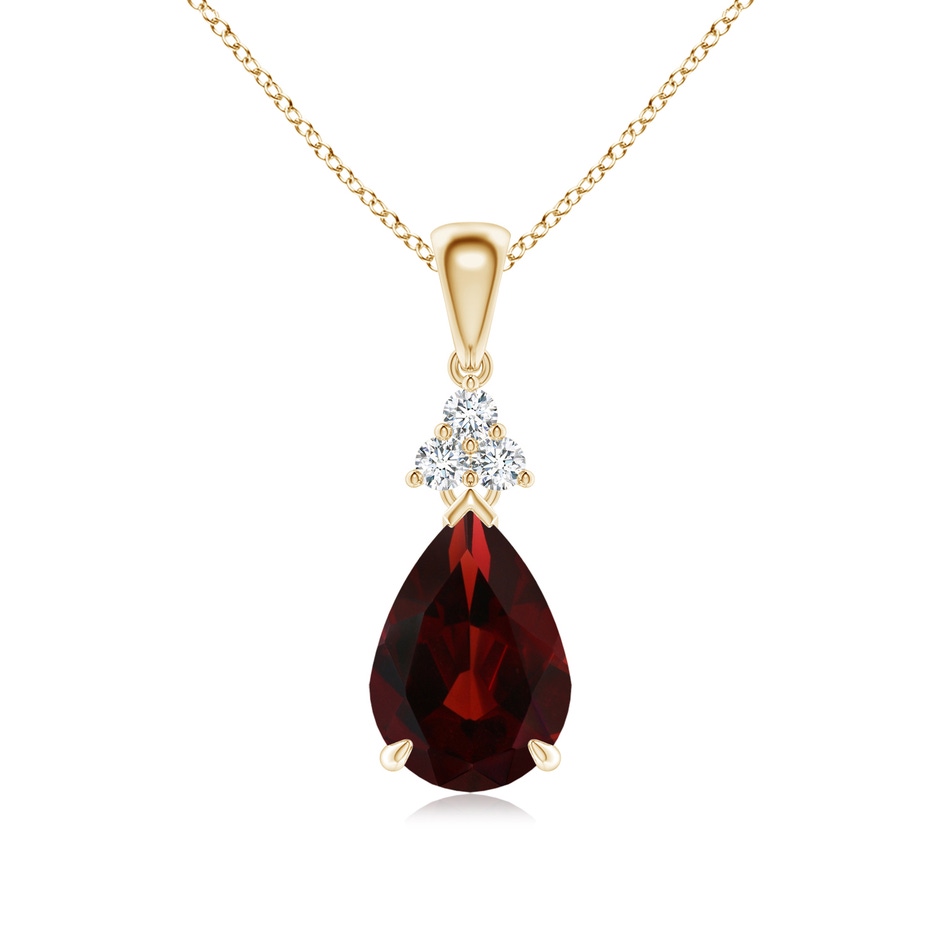 10x7mm AA Claw-Set Garnet Drop Pendant with Trio Diamonds in 18K Yellow Gold 