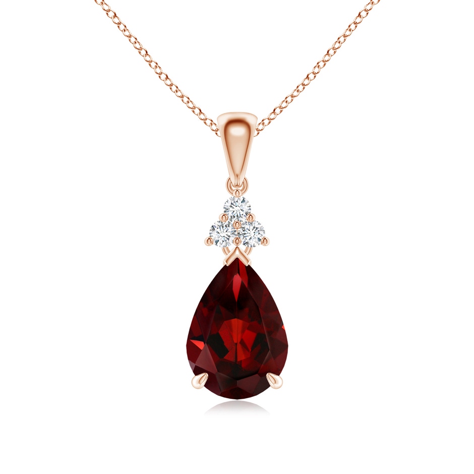 10x7mm AAA Claw-Set Garnet Drop Pendant with Trio Diamonds in 18K Rose Gold 
