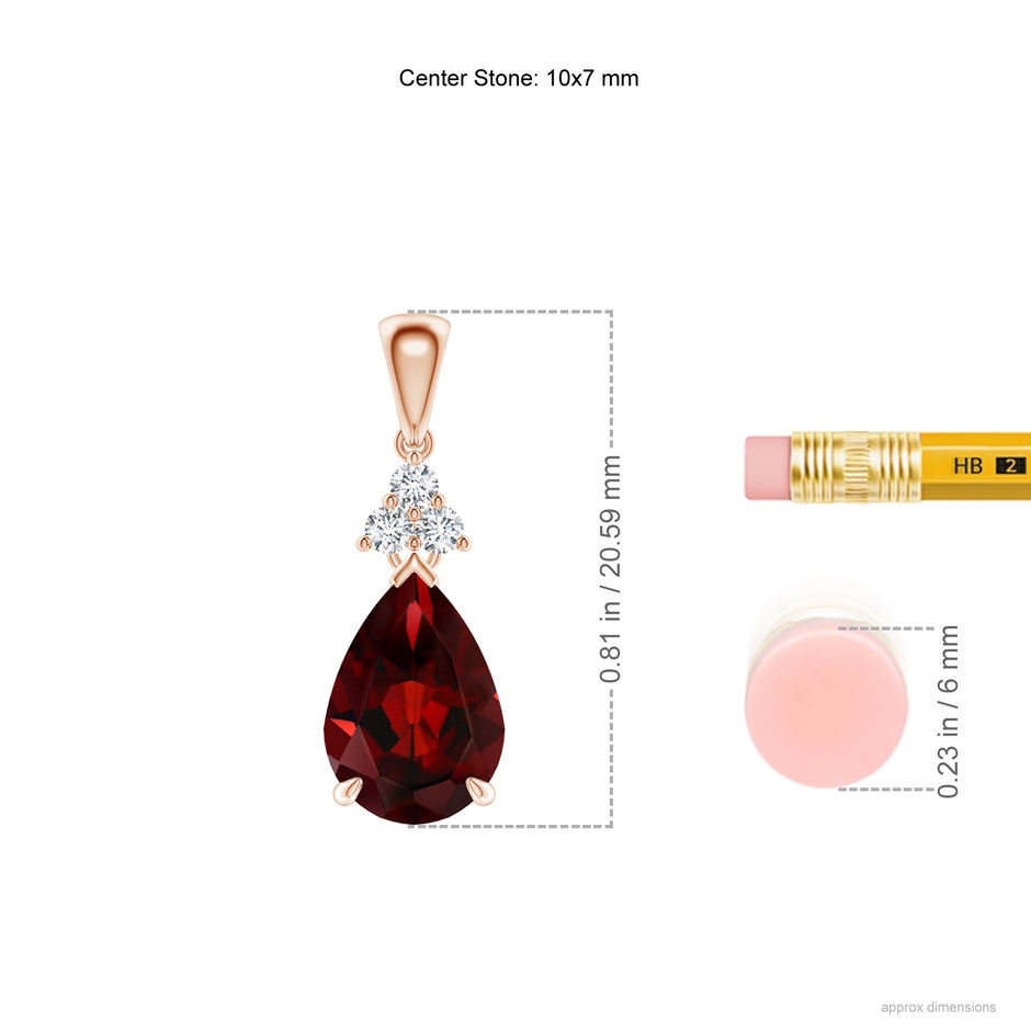 10x7mm AAA Claw-Set Garnet Drop Pendant with Trio Diamonds in 18K Rose Gold ruler
